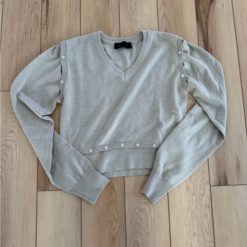 Zara tan Knit V-Neck Sweater with button detail